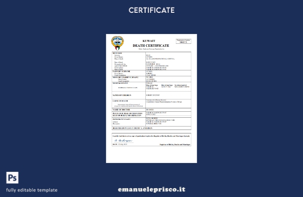 certificato di morte del Kuwait in stile verificato modello Word e PDF